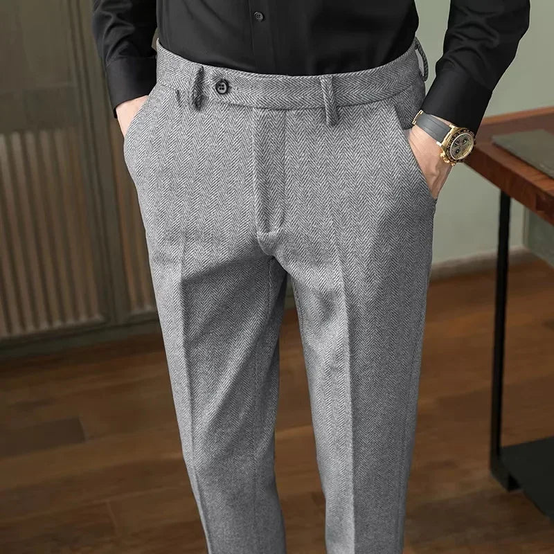 Autumn Winter Man Elastic Pants Herringbone Straight Leg Trousers Knitted Business Casual Banquet Men's Suit Pants
