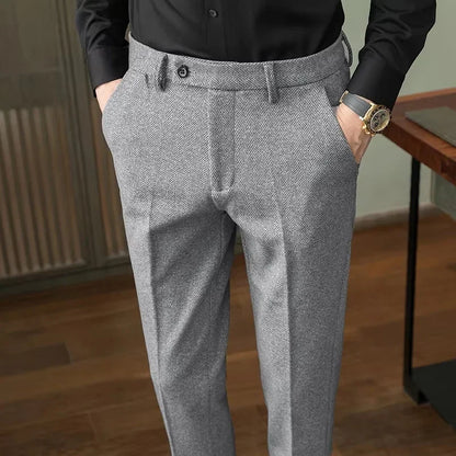 Autumn Winter Man Elastic Pants Herringbone Straight Leg Trousers Knitted Business Casual Banquet Men's Suit Pants