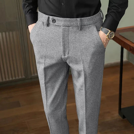 Autumn Winter Man Elastic Pants Herringbone Straight Leg Trousers Knitted Business Casual Banquet Men's Suit Pants