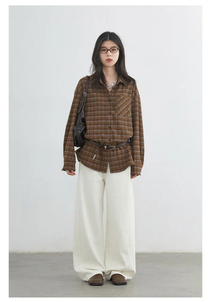 New Women Shirt Loose Casual Long Sleeved Vintage Thick Sanding Female Plaid Blouses Single-breasted Autumn Winter 2026
