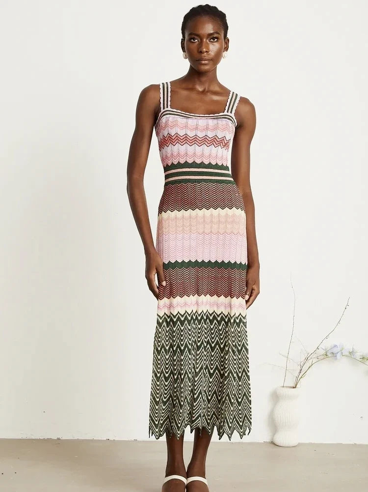 Luxury Brand Design Knitted Zigzag High Elasticity Color Sleeveless Long Maxi Dress Women Arab Africa Popular Boho Lady Skirt