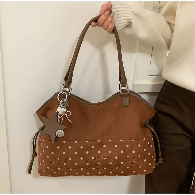 Vintage Frosted Tote Bag Casual Students Purse Large Capacity Shoulder Bag Polka Dot Drawstring Zipper Handbag With Star Pendant