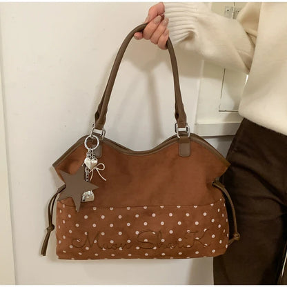 Vintage Frosted Tote Bag Casual Students Purse Large Capacity Shoulder Bag Polka Dot Drawstring Zipper Handbag With Star Pendant
