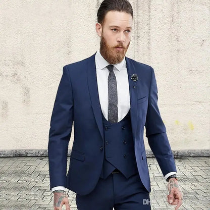 Handsome White Groom Tuxedos Shawl Lapel Groomsmen Men Wedding Dress Fashion Man Jacket Blazer 3 Piece Suits (Jacket+Pants+Vest)