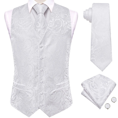 Men's Floral Vest & Tie Hanky Cufflinks Set – Formal Biege Grey White Waistcoat for Weddings Events Party Gift