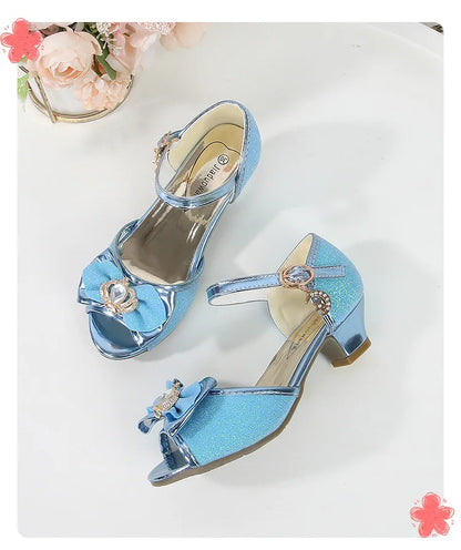 Girls Princess Sandals Summer Open-toe Elegant Children High Heels Fashion Sequins Crown Kids Causal Glitter Wedding Dress Shoes