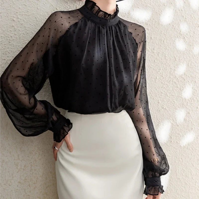 Spring Summer Black Polka Dots Mesh Women's Chiffon Blouses 2025 New Long Sleeve Stand Collar Vintage Loose Shirts Female