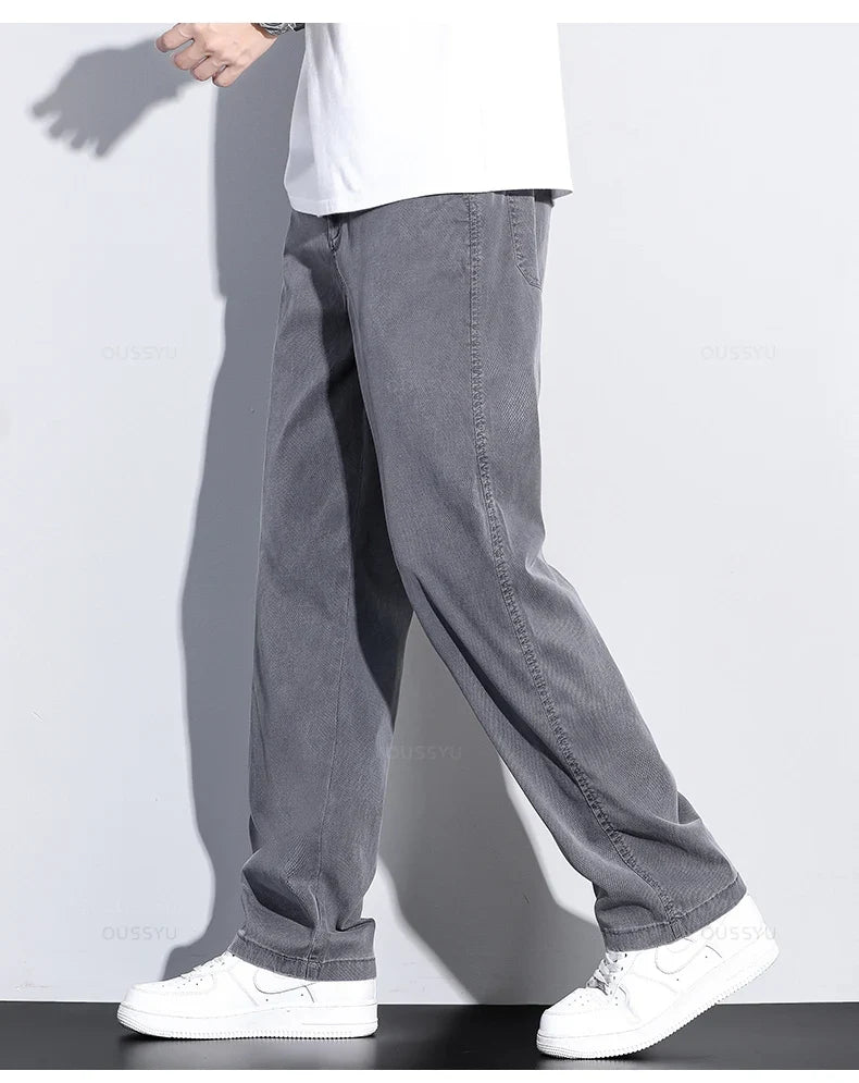 Brand Clothing Summer New Soft Lyocell Fabric Jeans Men Blue Elastic Waist Loose Straight Thin Denim Trousers Male Plus Size 5XL