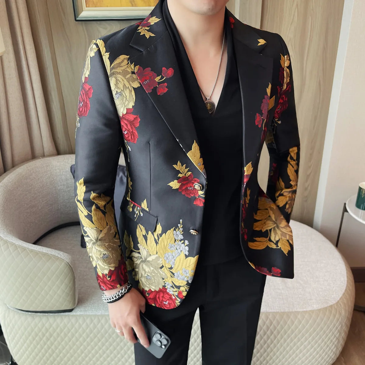 New Men Embroidered Jacquard Slim Fit Casual Suit Jacket Formal Prom Party Stage Costume Man Tuxedo Gentleman Blazers Suit Tops