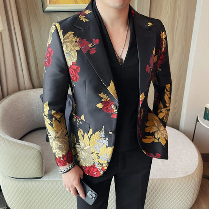 New Men Embroidered Jacquard Slim Fit Casual Suit Jacket Formal Prom Party Stage Costume Man Tuxedo Gentleman Blazers Suit Tops