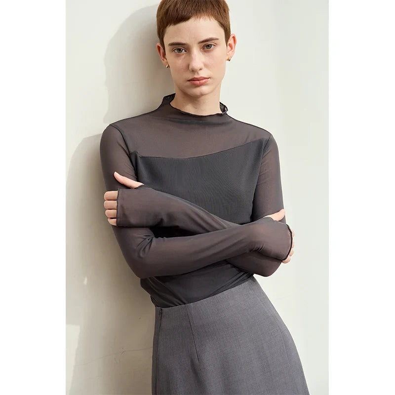 Minimalism Mesh T-shirts For Women 2025 Autumn New Office Lady Half-high Neck Micro Perspective Slim Retro Shirt 12423055