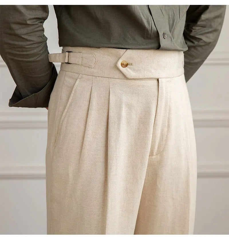 Three Gentleman Summer Naples Casual Straight Pants Men's Commuting Cotton and Linen Comfortable Breathable High Waist Pants