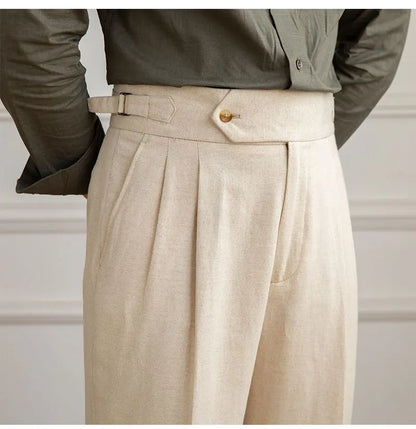 Three Gentleman Summer Naples Casual Straight Pants Men's Commuting Cotton and Linen Comfortable Breathable High Waist Pants