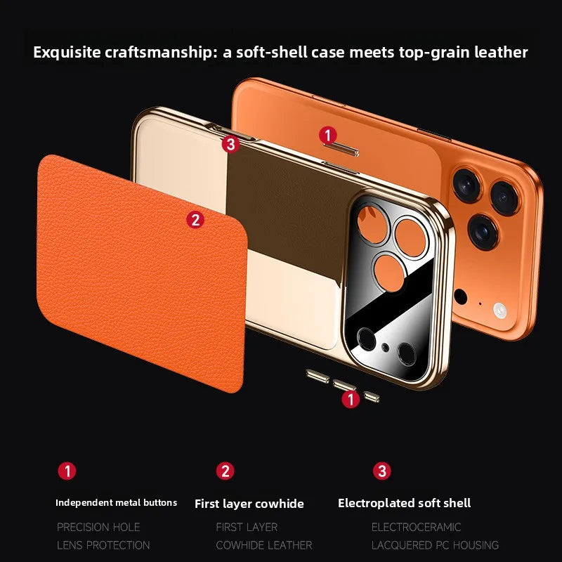 Original Leather Case For iPhone 17 PRO MAX Plating Genuine cowhide Lichee Pattern Lens Protection Shockproof Hard Phone Cover