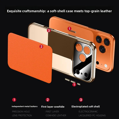 Original Leather Case For iPhone 17 PRO MAX Plating Genuine cowhide Lichee Pattern Lens Protection Shockproof Hard Phone Cover