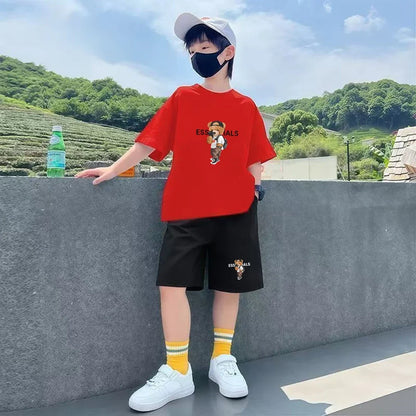 Kids Brand Little Bear Round Neck T-shirt+Shorts Set Clothing Fashion Boy Girl 3-12Yrs Sports Short-Sleeved Casual Set Summer