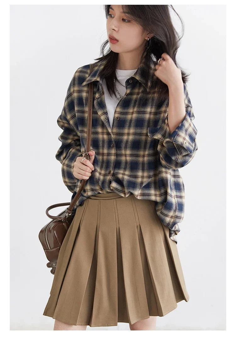 Women Shirts Loose Casual New Sanding Plaid Shirt Long Sleeve Medium Long Length Blouses Female Tops Spring Autumn 2025