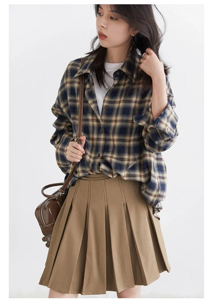 Women Shirts Loose Casual New Sanding Plaid Shirt Long Sleeve Medium Long Length Blouses Female Tops Spring Autumn 2025