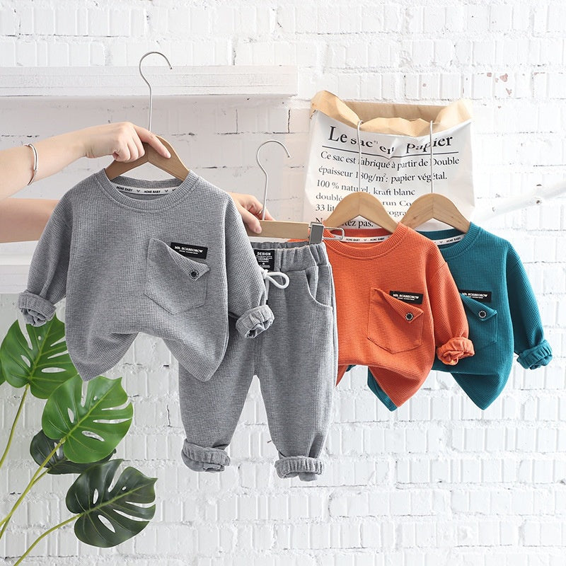 Spring Autumn Children Clothes Baby Boys Cotton Solid Waffle Sweatshirt + Pants 2Pcs Set Toddler Fashion Costume Kids Tracksuits