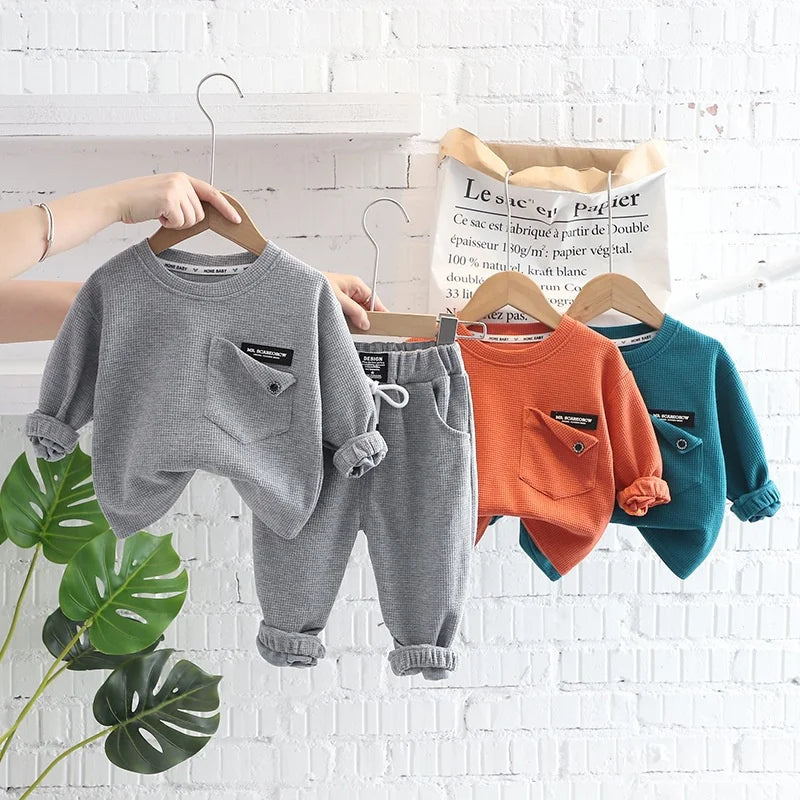 Spring Autumn Children Clothes Baby Boys Cotton Solid Waffle Sweatshirt + Pants 2Pcs Set Toddler Fashion Costume Kids Tracksuits