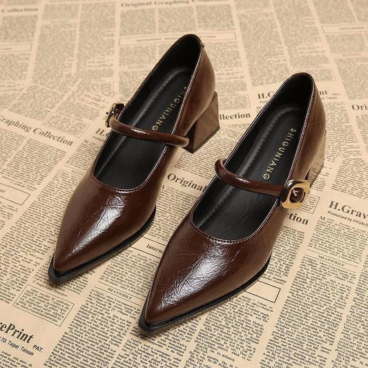 All-Season Women's Chunky Heel Mary Jane Flats - Patent Leather Shallow Cut High Heels,  Metal Buckle Decor Commuter Shoes