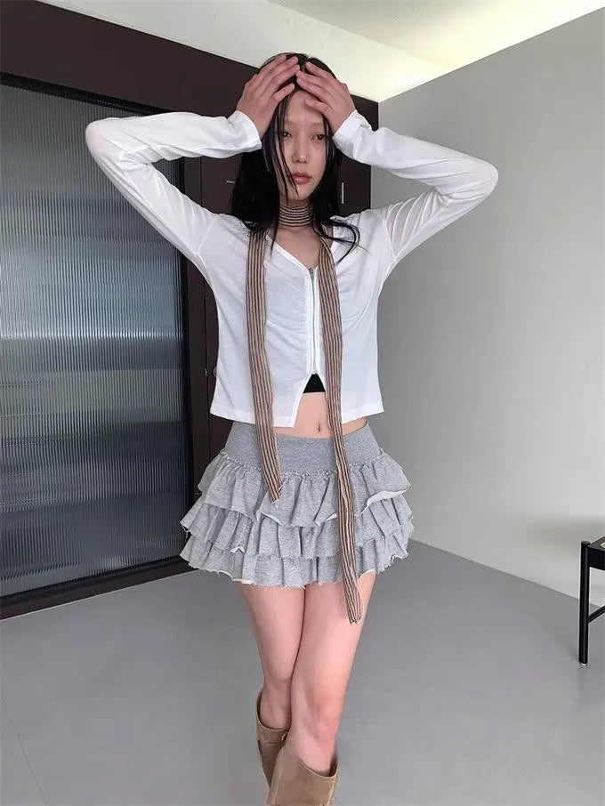 Y2k Lolita Mini Cake Skirt Soft Girl low Waist Ruffle Fluffy Fairy Skirts Summer Kawaii Cute Elegant Short Skirt Black