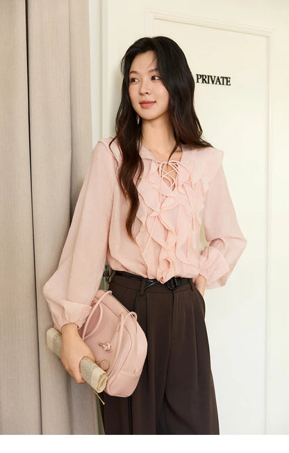 Pink Ruffled Blouse for Woman 2025 Autumn New Elegant Sweet V-neck Lace-up Design Shirt Lantern Sleeves Top MXE49X2504