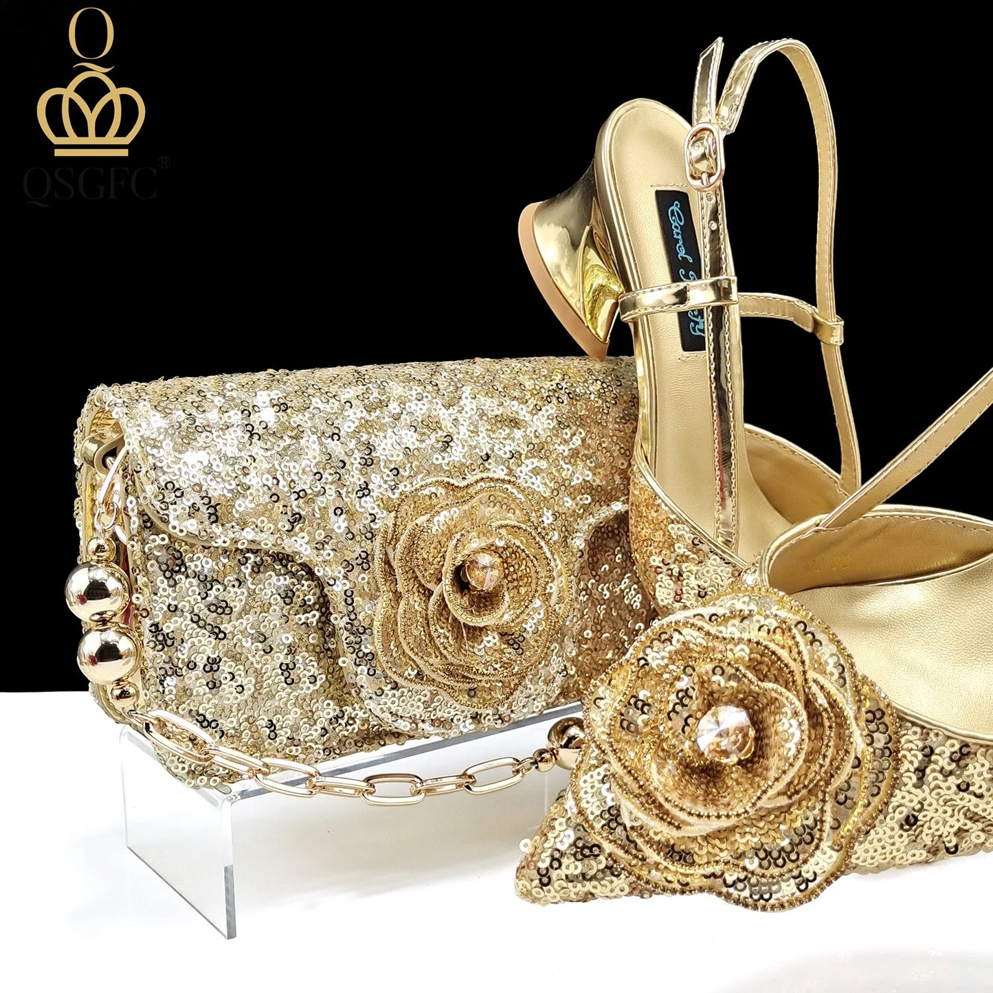 Shiny Gold Color Shoes and Bag Elegant Handbags and Medium Heel Shoes Beautiful Handmade Flowers For Wedding Party