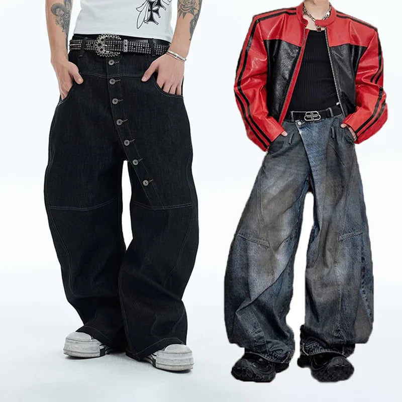 2 Piece Korean Retro Men'S Jeans Spring And Autumn Styles Loose Wide Leg Pants Casual Straight Leg Pants Floor Length Pants