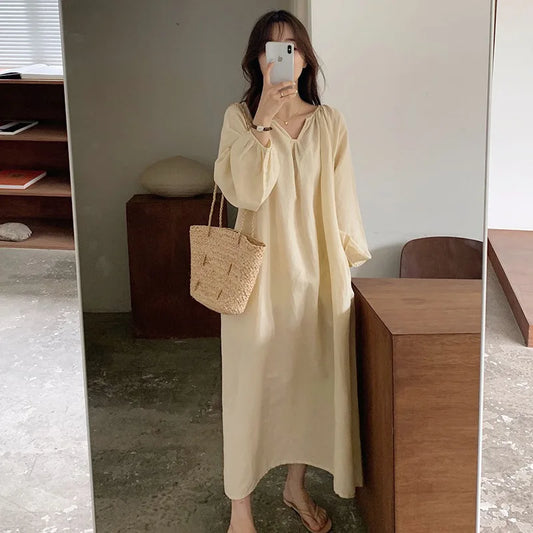 Vintage 100% Cotton Women Dress V Neck Long Sleeve Korean Jananse Pajama Dresses Ladies Comfortable Homewear Wearable Outside