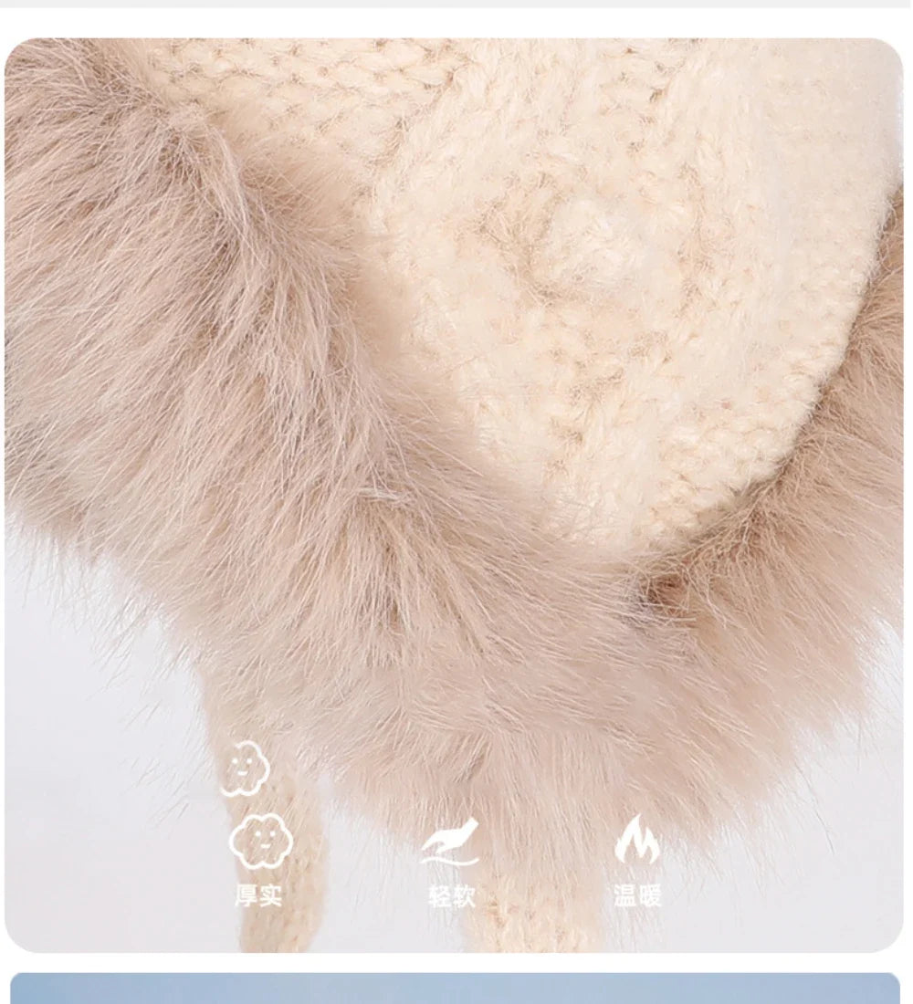 New Thick Warm Women Winter Hat Skullies Beanies Knitted Fur Hat Three Fur Ball Beanie Hat Female Earflap Cap Russian Hat