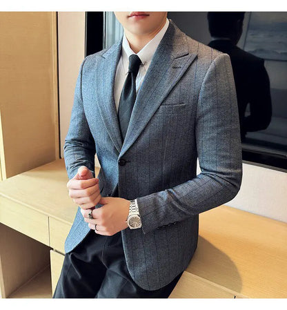 Men's Herringbone Stripe Suit Blazer Classic Lapel Dress Jacket Elegant Slim Fit Fashion Simple Casual Business Prom Suit Jacket
