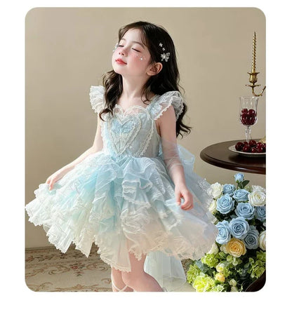 Baby Girls Sweet Sleeveless Lolita Princess Dress New 2026 Summer Childrens Elegant Lace Trim Tulle Bow Train Performance Gown