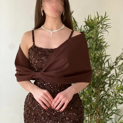 Customized Dark Brown Square Neck Prom Dress Sequin Embellished Bow Shoulder Cape robes de soirée Slim-Fit Mermaid 2025