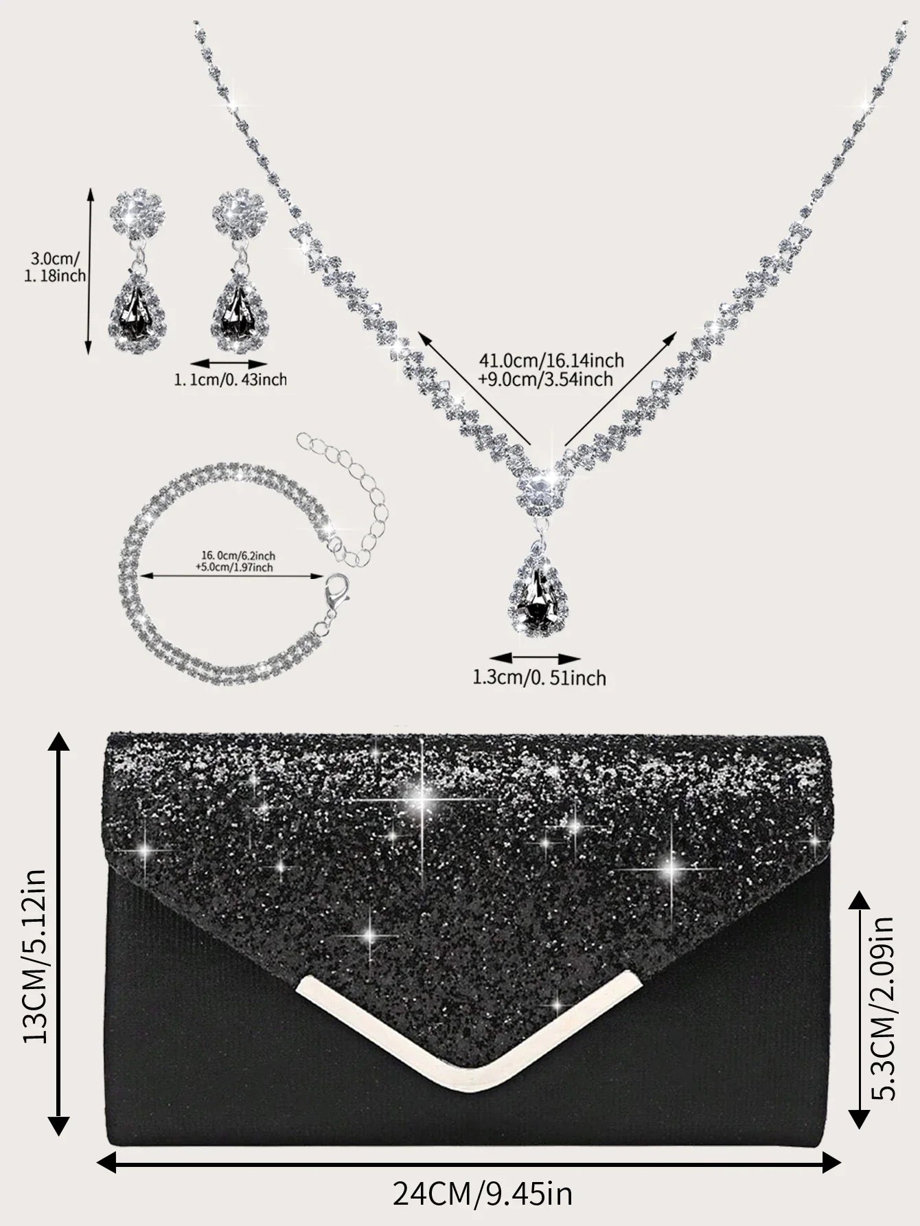 Gorgeous and elegant sparkly women's clutch bag, paired with a gorgeous rhinestone necklace, earrings and bracelet set of four.