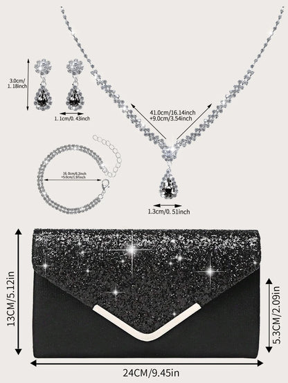 Gorgeous and elegant sparkly women's clutch bag, paired with a gorgeous rhinestone necklace, earrings and bracelet set of four.