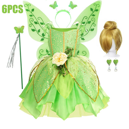 Child Girl Bell Costume Halloween Costume for Kids Green Dress Fancy Fairy Princess Cosplay Carnival Party Ball Gowns with Wing