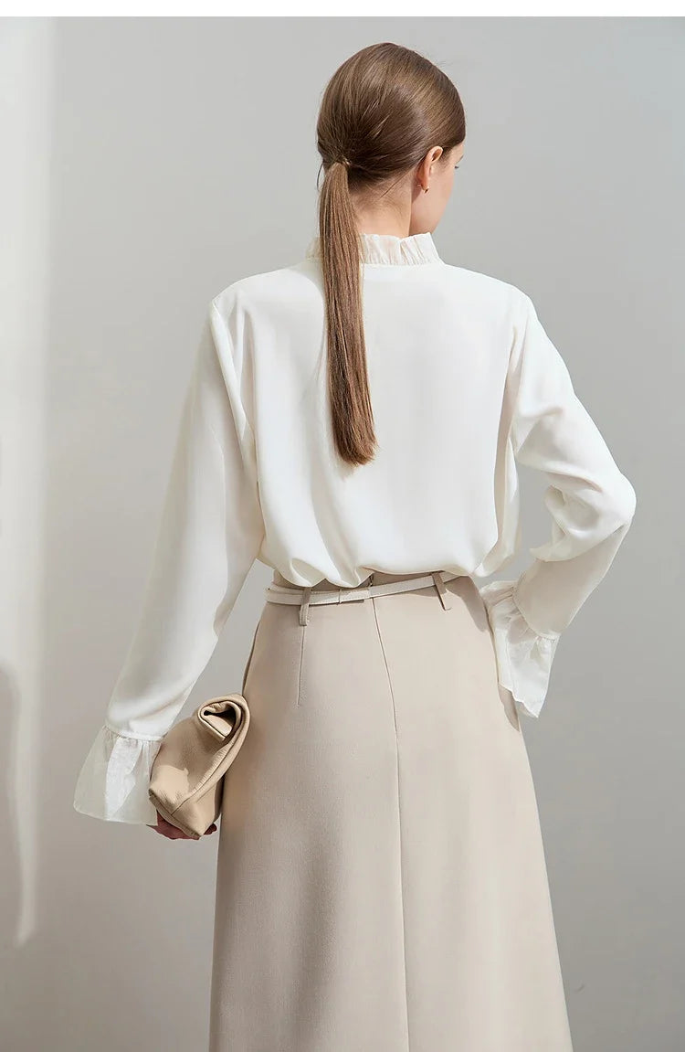 Minimalist Chiffon Shirt For Women 2025 Autumn New Office Lady V-neck Ruffle Splicing Loose Long Sleeved Blouse 12511078