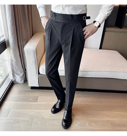 Autumn Winter High Waist Business Dress Pants Men Casual Belt Design Slim Suit Pants Formal Wedding Social Party Male Trousers