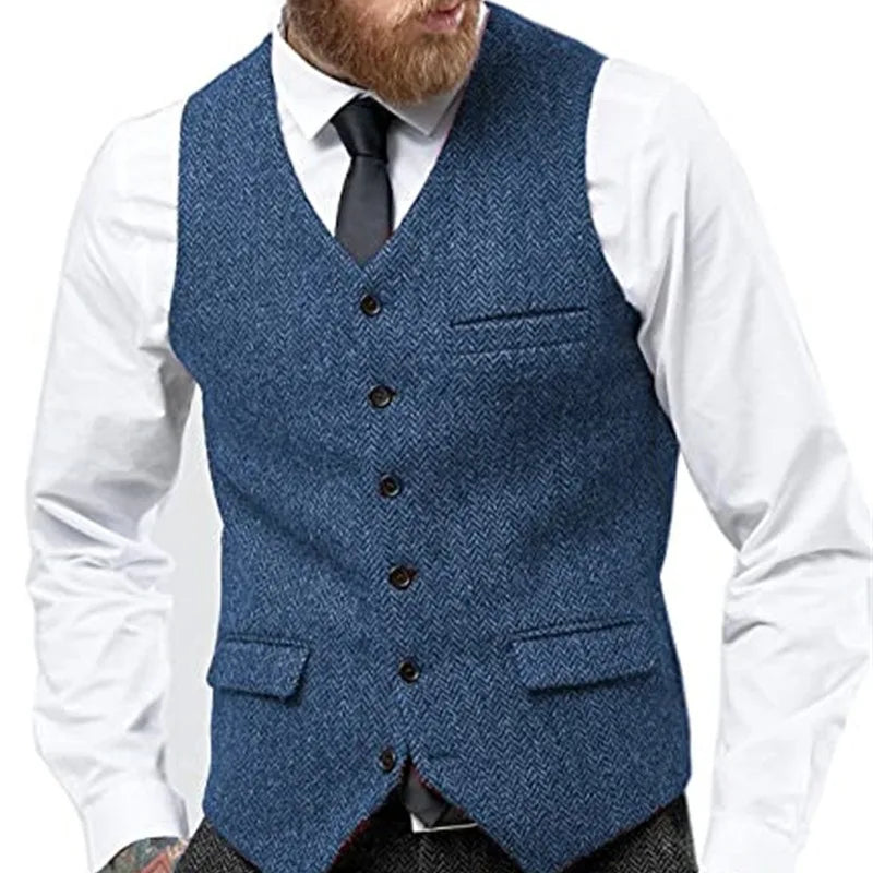 Herringbone Vest for Men Wool Tweed Waistcoat for Groom Groomsman Formal Single Breasted Males Plus Size Dress Suit Vest