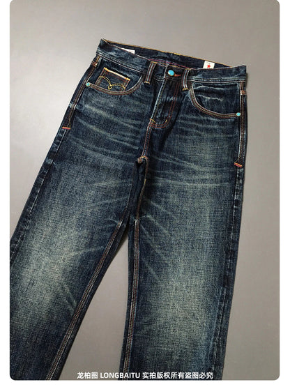 High Quality 100% Cotton Washed Yellow Selvedge Denim Jeans for Men American Vintage Casual Spring Autumn Loose Straight Pants