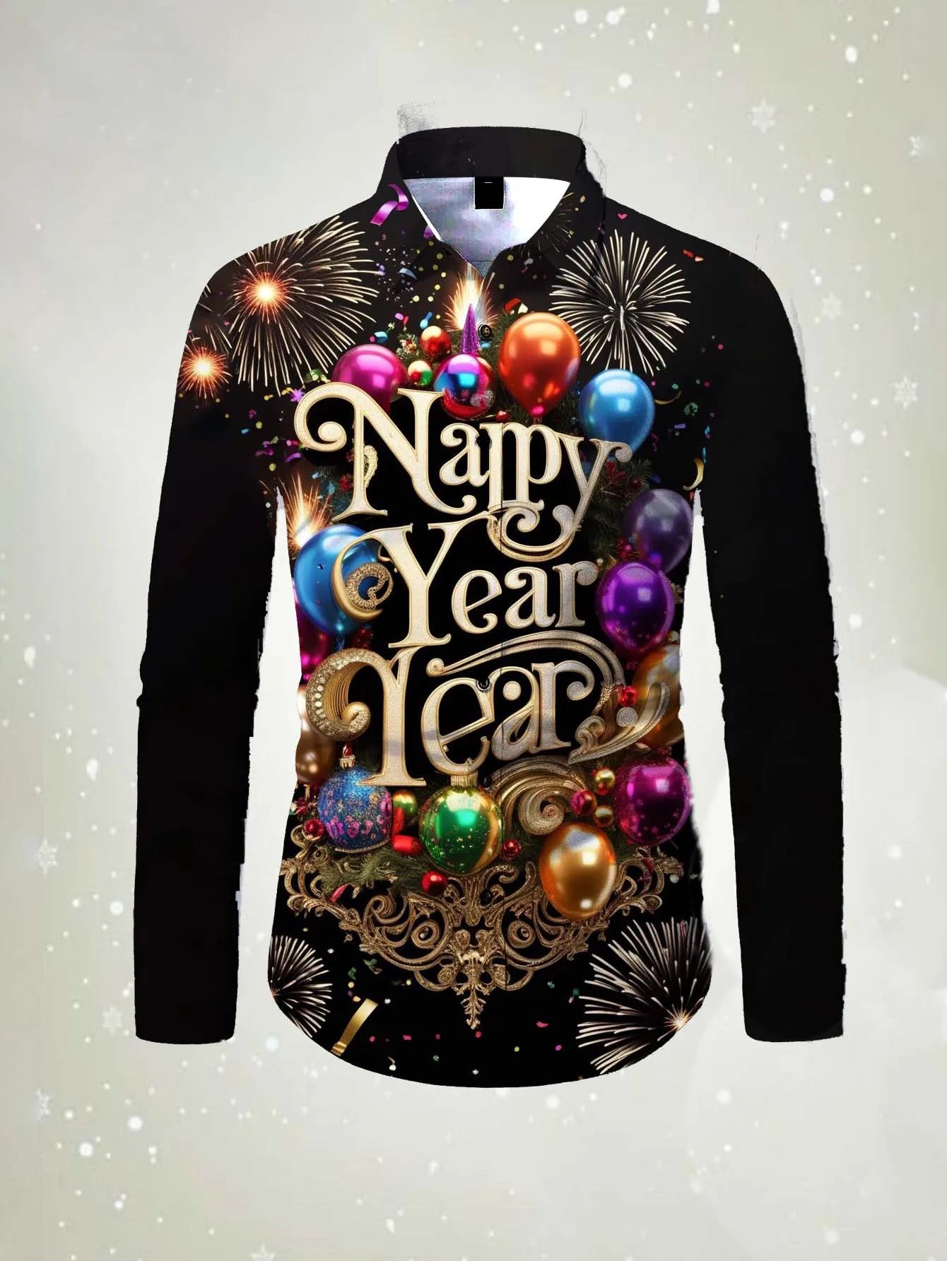 Men's long sleeved shirt 2026 Happy New Year Pattern 3D printed Shirt spring autumn New fashion casual Festival Unisex clothing