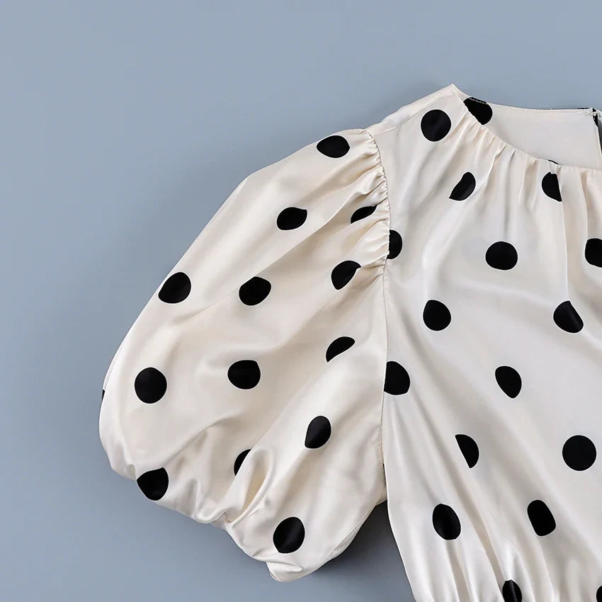 Vintage Polka Dot Puff Sleeve Woman Blouse 2026 Street Chic Ruched O Neck Shirts Female Summer Casual Ruffles Tops Women