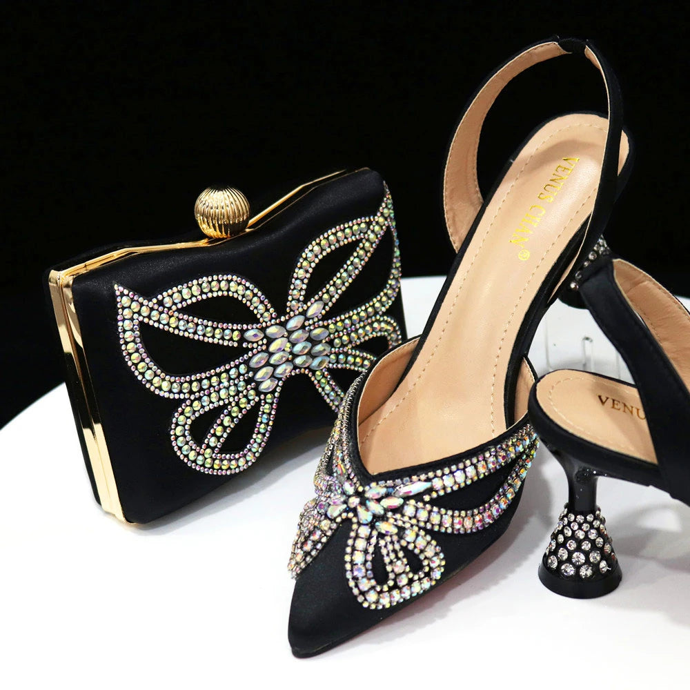 New Elegant Green Bling Bow Pointed Toe Pumps for Women 2024 Party italian Rhinestones shoes and bags matching set