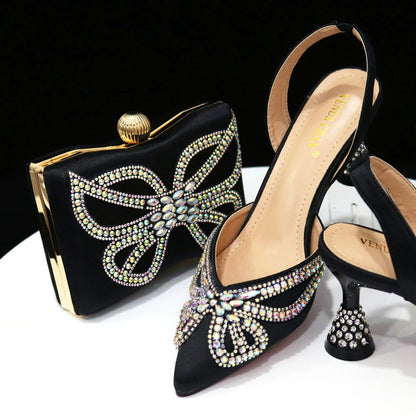 New Elegant Green Bling Bow Pointed Toe Pumps for Women 2024 Party italian Rhinestones shoes and bags matching set