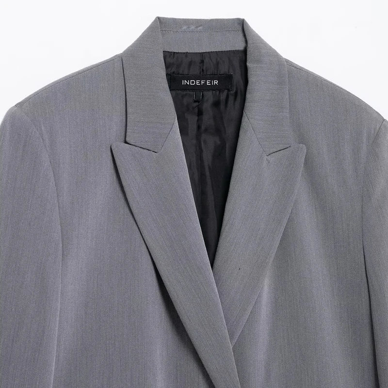 Women's Blazer Jacket Office Wear Woman Black Jacket Business Casual Loose Long Blazer Coat Double-Breasted Gray Jacket