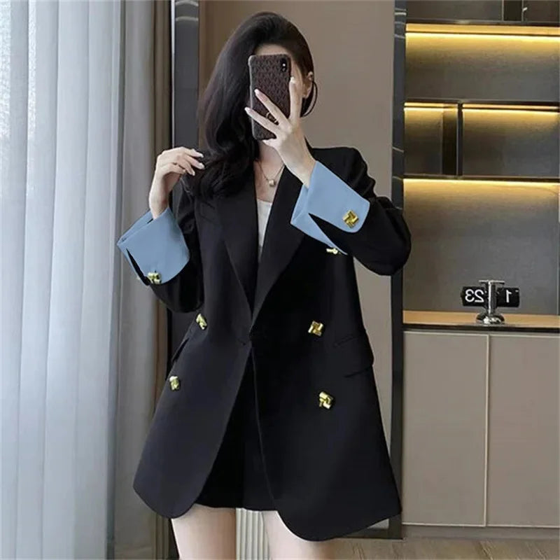 Black Casual Commuter Loose Fit Premium Suit Jacket Spring Autumn New Style Korean Version Fashionable Polyester Fiber Full Slee