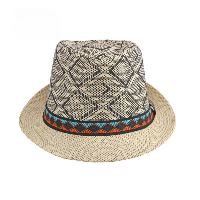 Men's Hat Woven Straw Sunshade Hat Casual Buckle Beach Sun White Wedding Black Belt Fedoras Jazz Hat Panama Cap