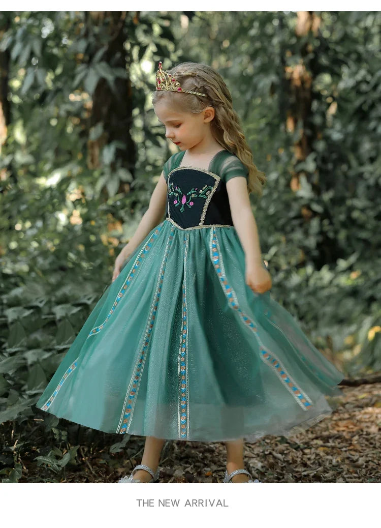 Girls' Summer Anna Frozen Baby Dress Child Green Dress Up Halloween Costume for Kids Princess Party Cosplay Dresses 2 to 8 Years