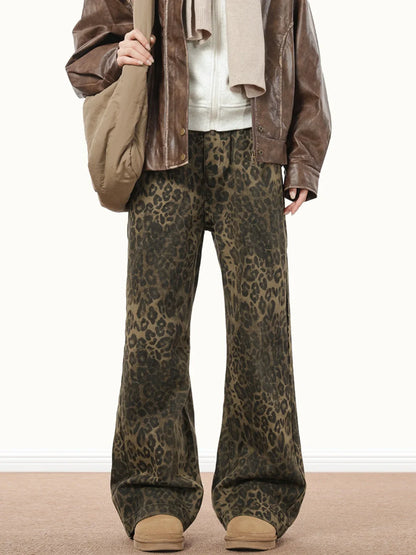 American Style Leopard Wash Jeans Women Y2K Retro Street Hot Girl Loose Casual Pants High Waist Straight Leg Jeans